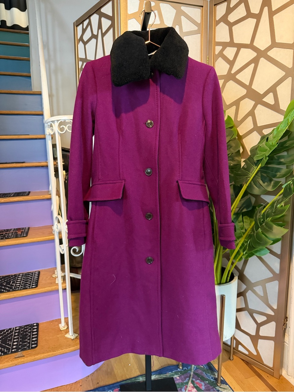 kate spade Purple Wool Pea Coat with Black Faux Fur Collar